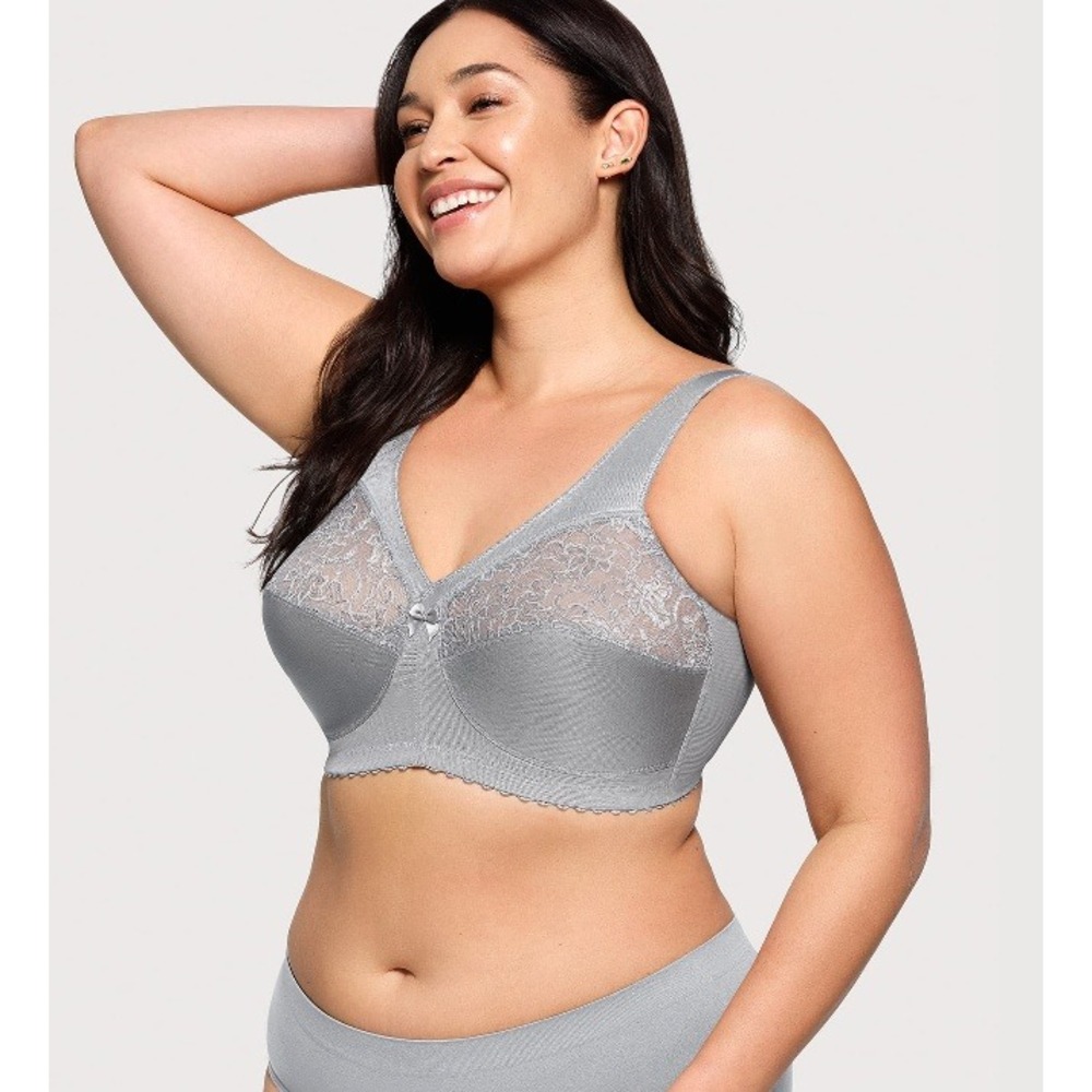 Glamorise MagicLift Bra‎ Womens 36J Silver Lace Wireless Full Coverage Classic